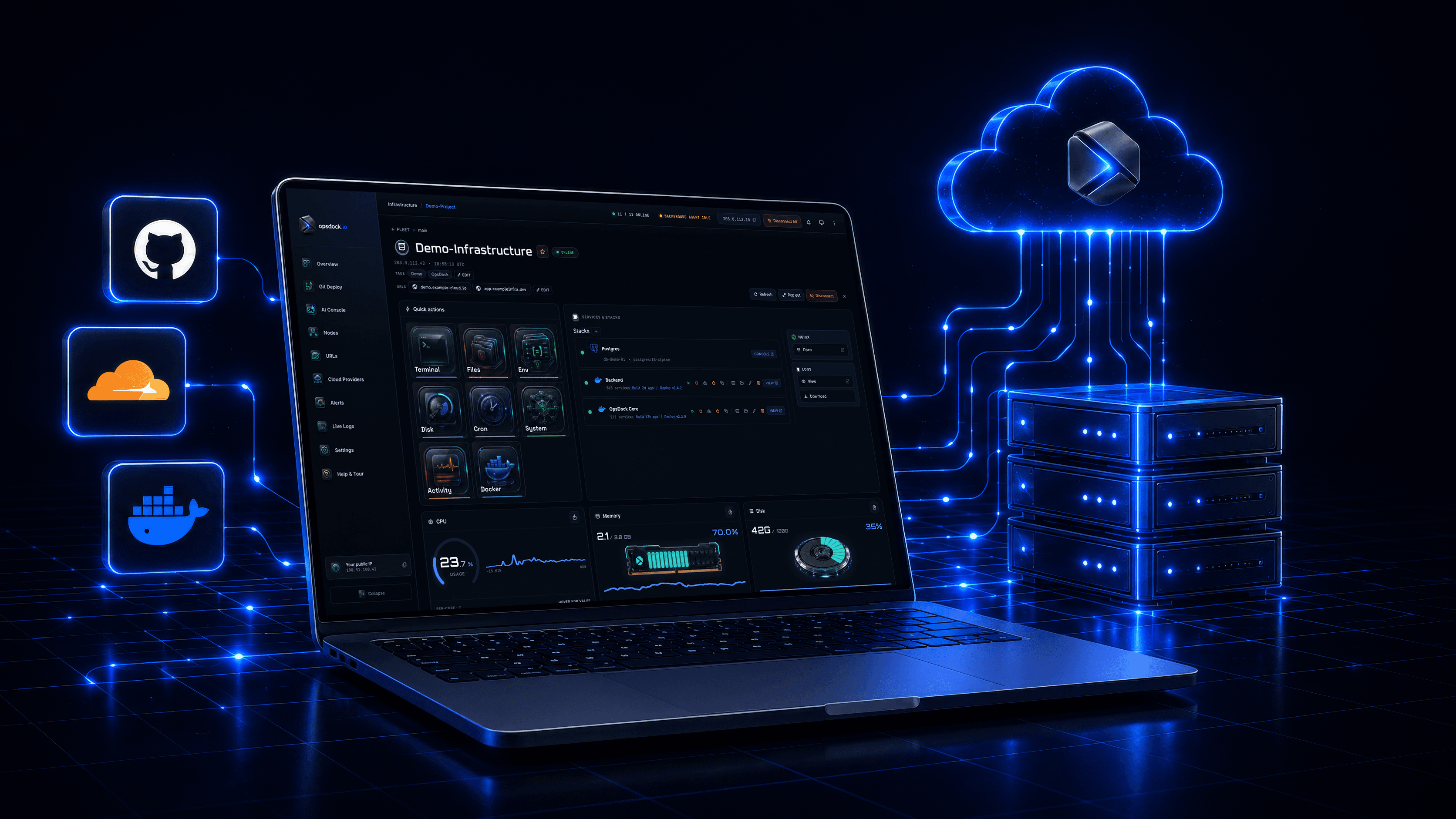 OpsDock app preview with sanitized deployment dashboard and provider integrations